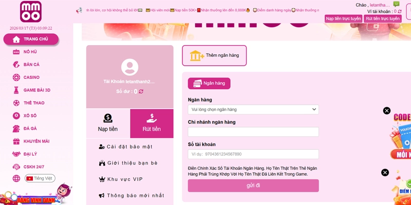Hướng Dẫn MMOO - Tổng Hợp Các Bước Cơ Bản Cho Tân Thủ 2026 11 Các thao tác rút tiền MMOO thưởng chỉ vài phút đơn giản